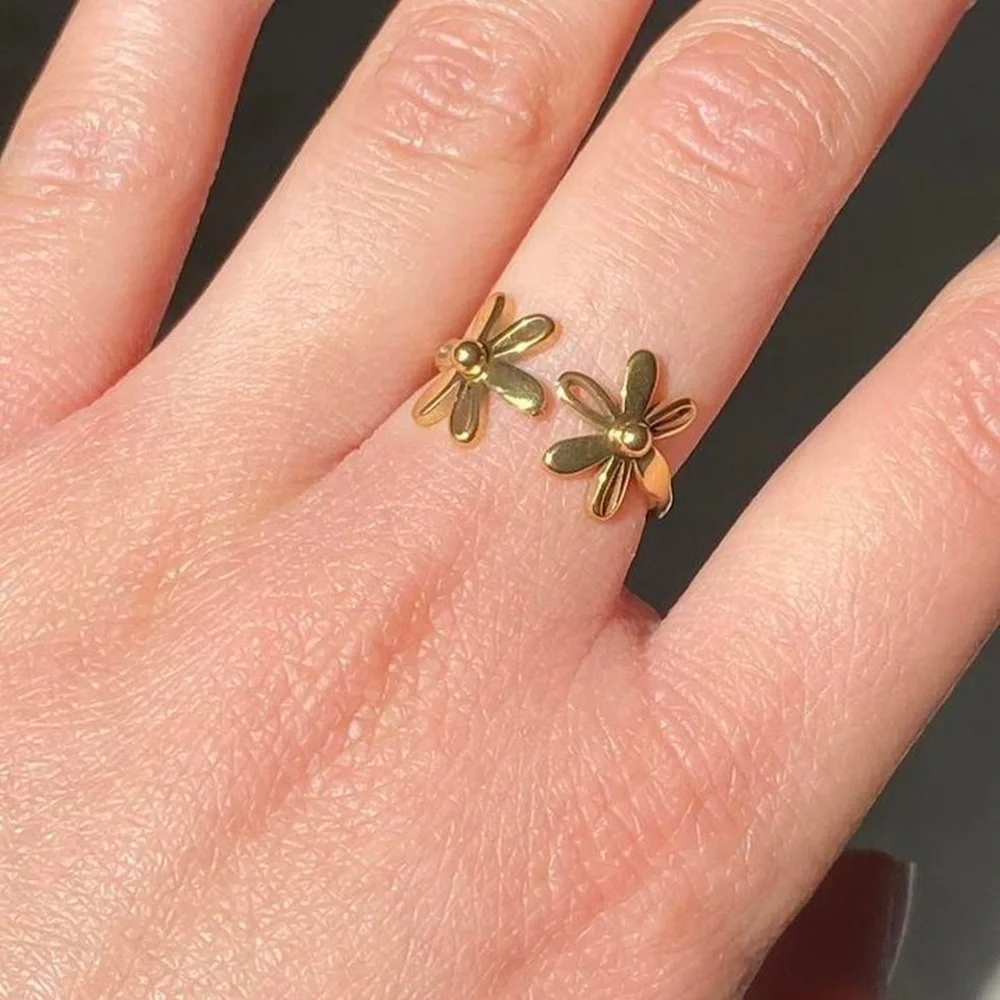 Gold Flower Cuff Ring, Stainless Steel - Picture 1 of 4